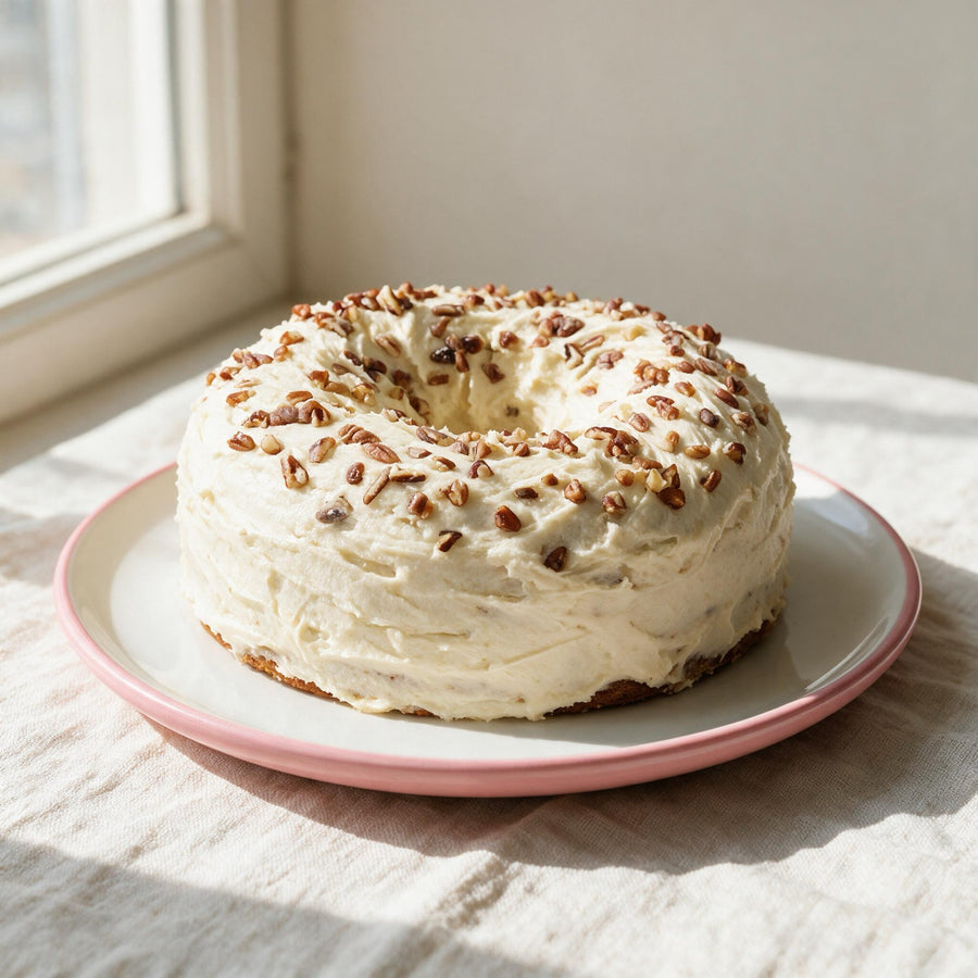 Pastel de zanahoria sin gluten familiar entero con betún de queso crema y nuez · Pan-Filio