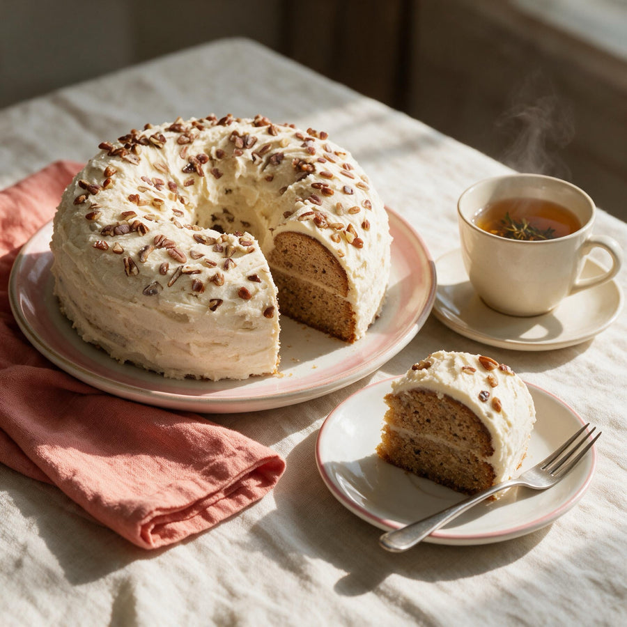 Pastel de zanahoria sin gluten servido en la mesa con una rebanada y té · Pan-Filio